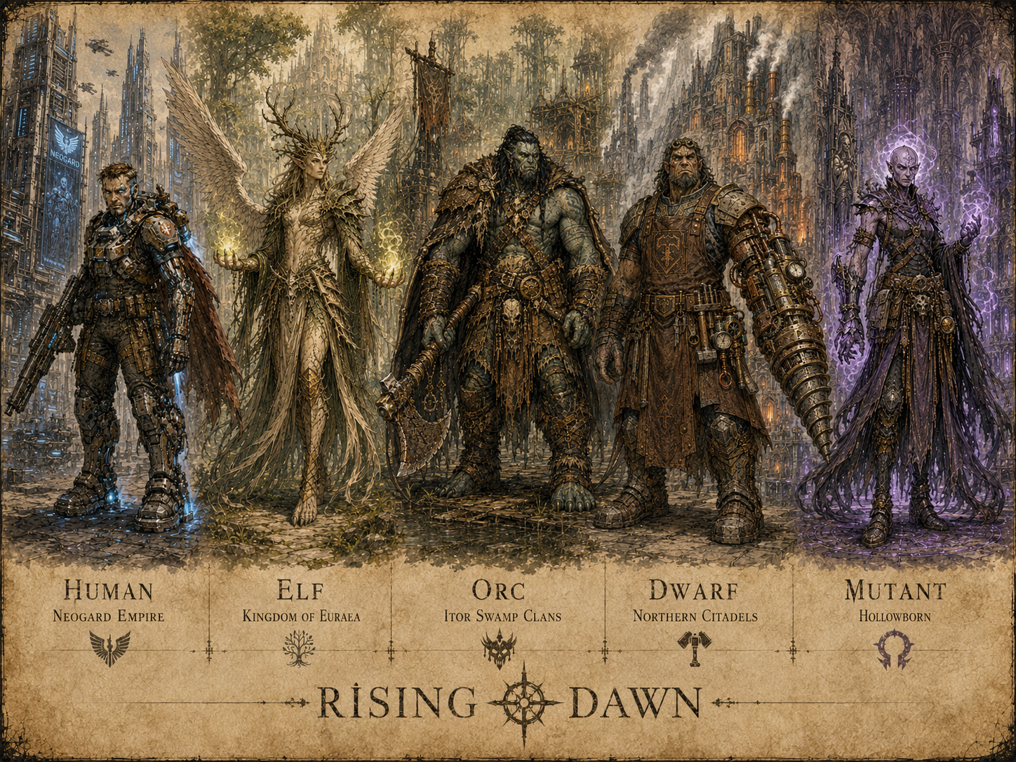 The five races of Rising Dawn